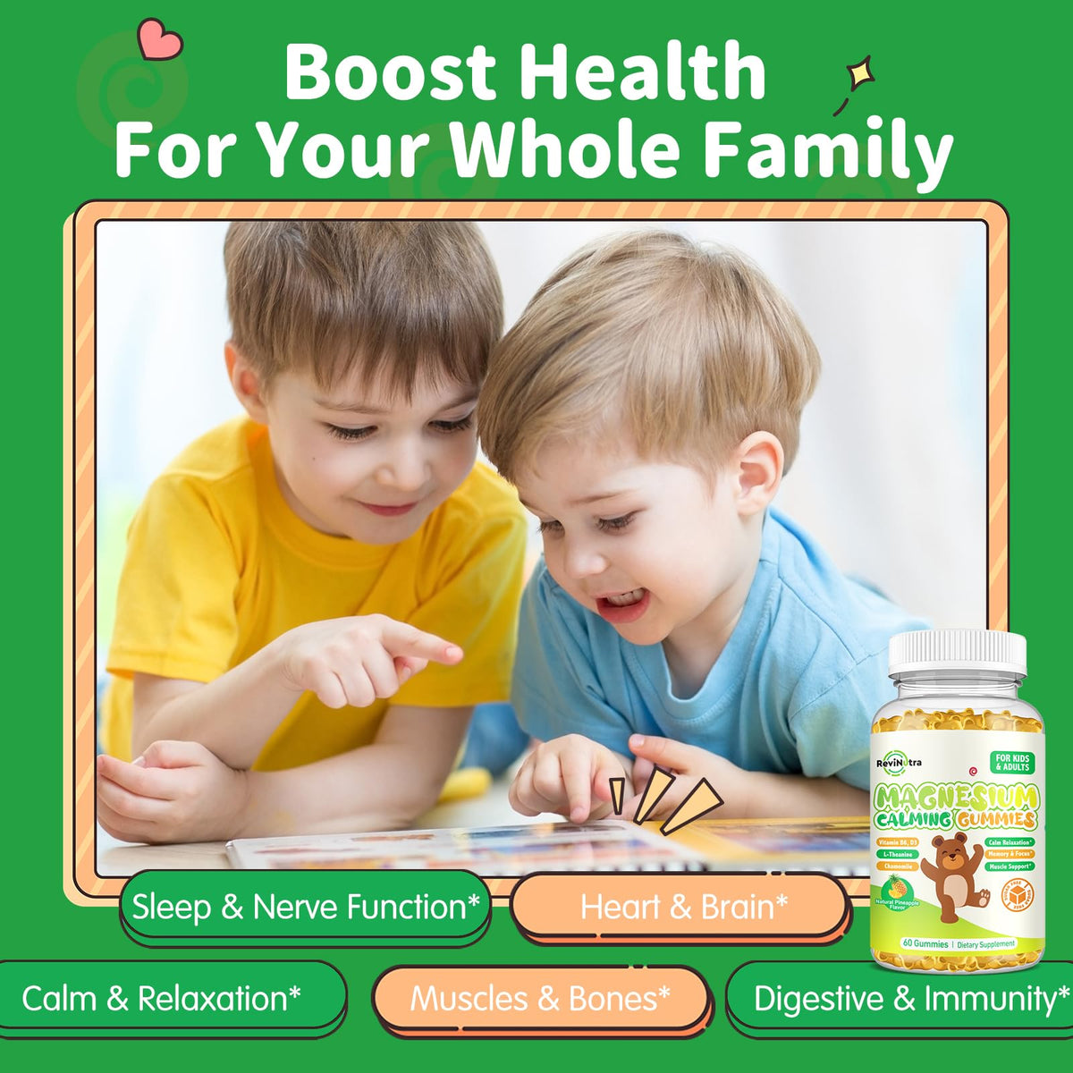 Gummies de magnésium ReviNutra sur une table avec un fond naturel