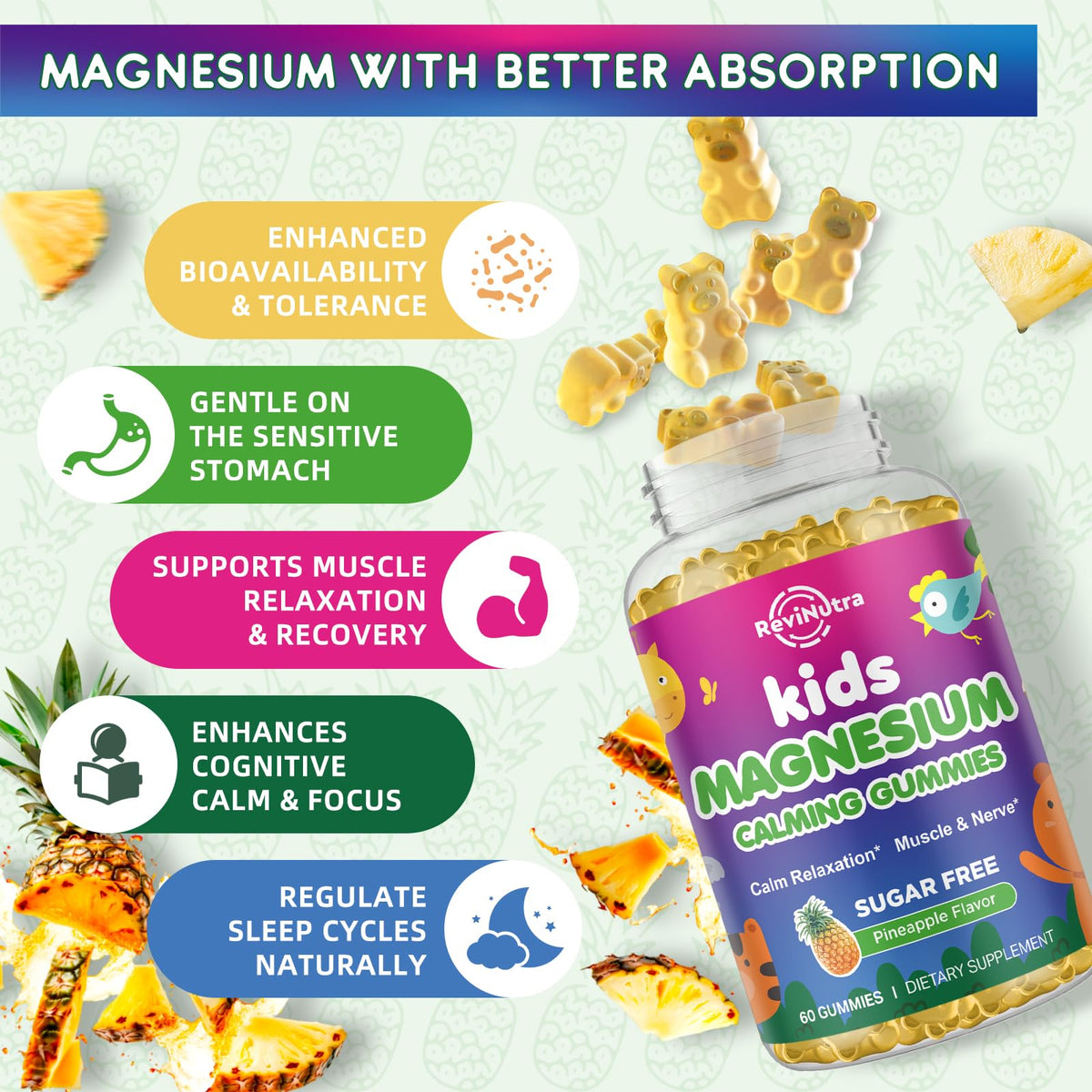 Gummies de magnésium ReviNutra, texture gélifiée, goût ananas