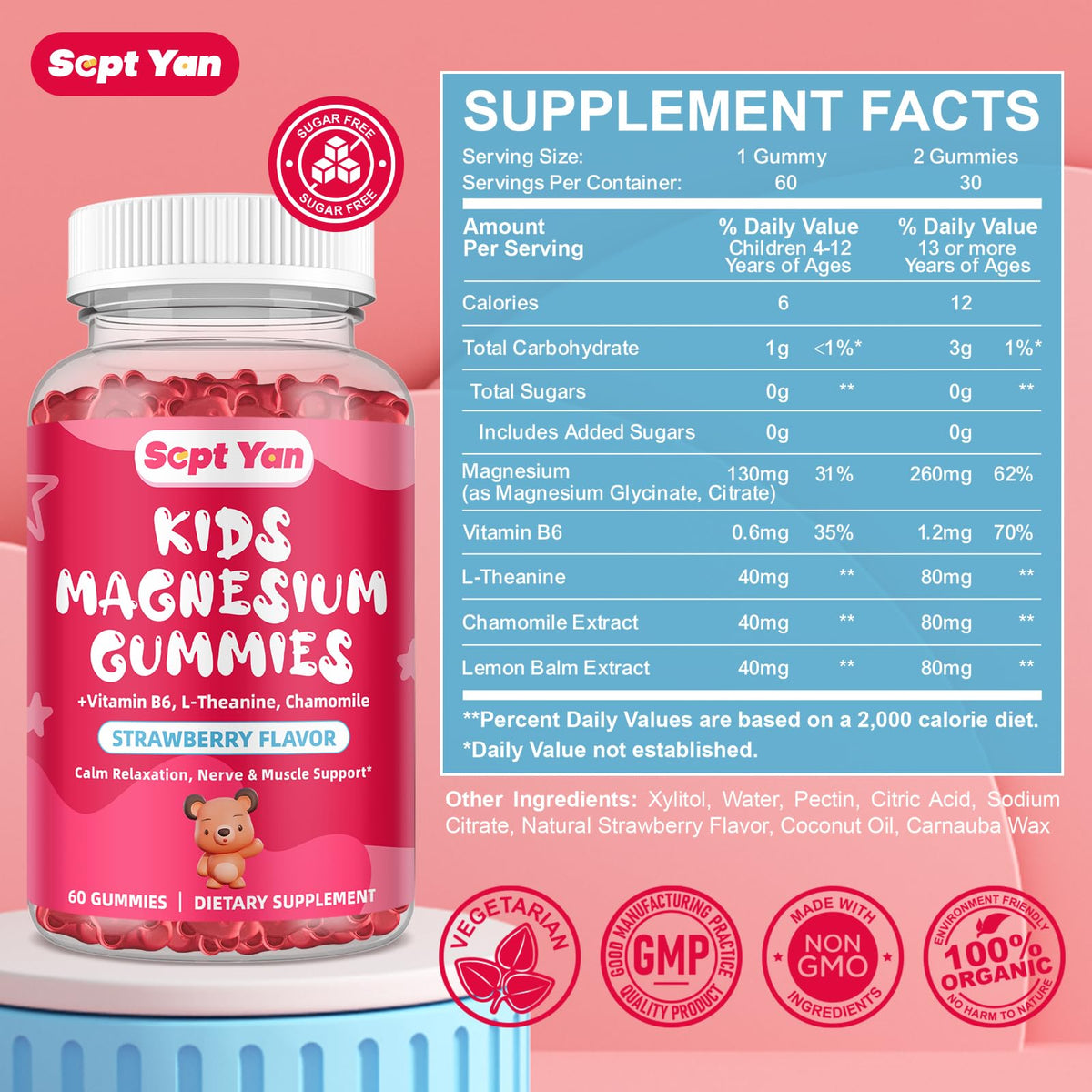 Gummies de magnésium SEPT YAN avec fruits frais en arrière-plan