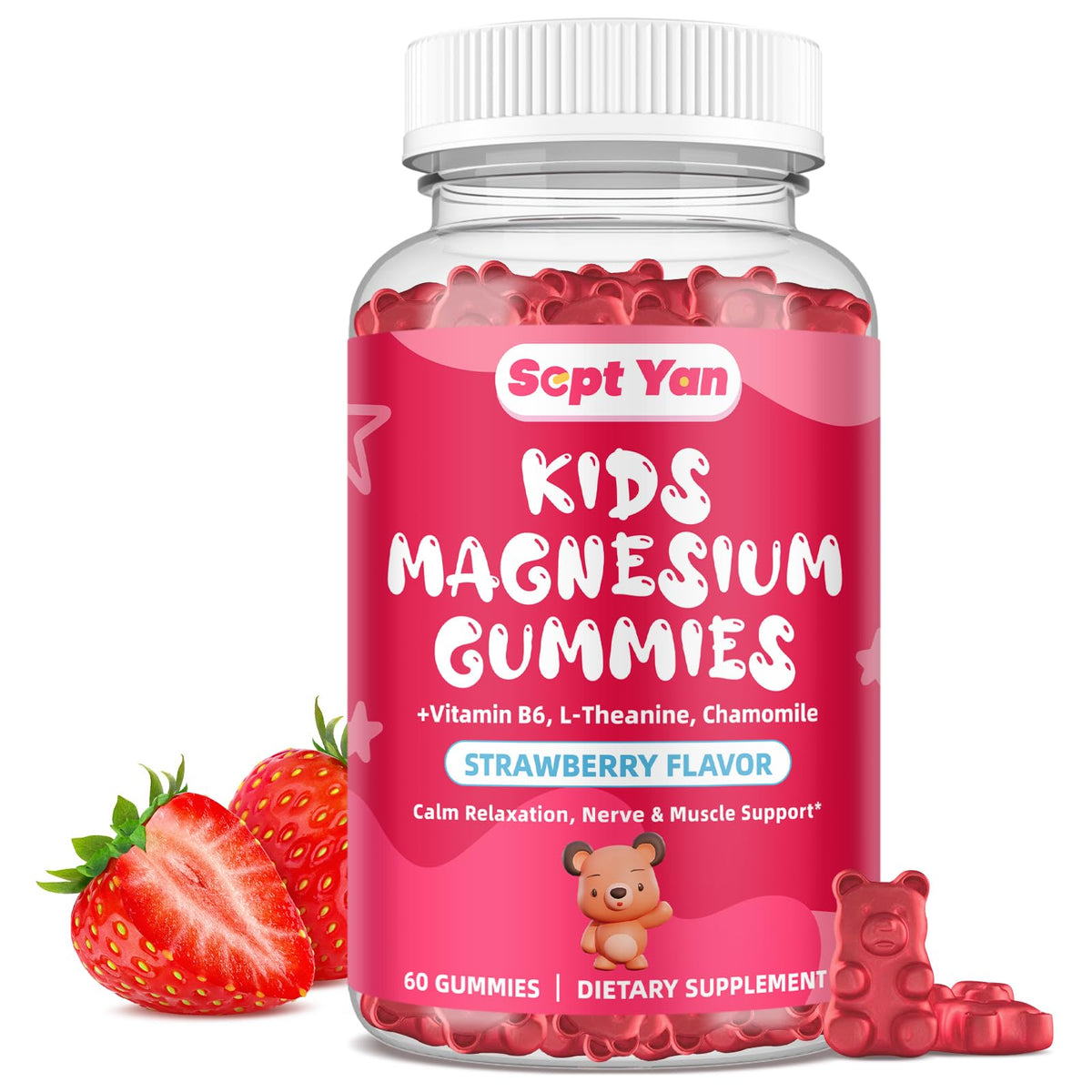 Gummies de magnésium SEPT YAN pour enfants, 60 gummies saveur fraise