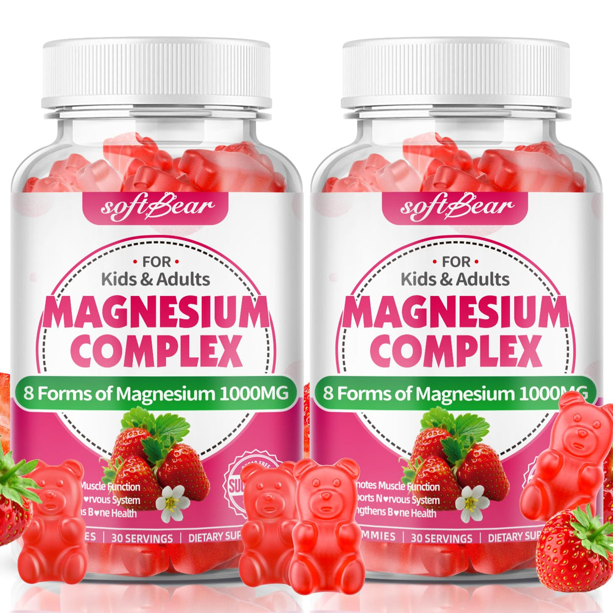 Gummies de magnésium softbear 1000mg 120 gummies au goût de fraise