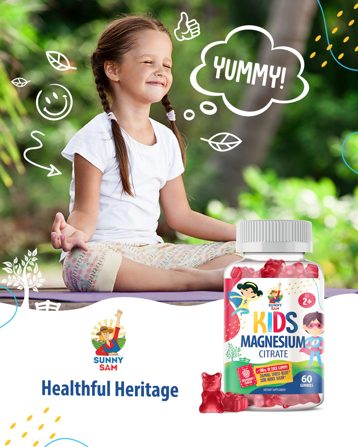 Gummies de magnésium SUNNY SAM 100mg avec une main d'enfant