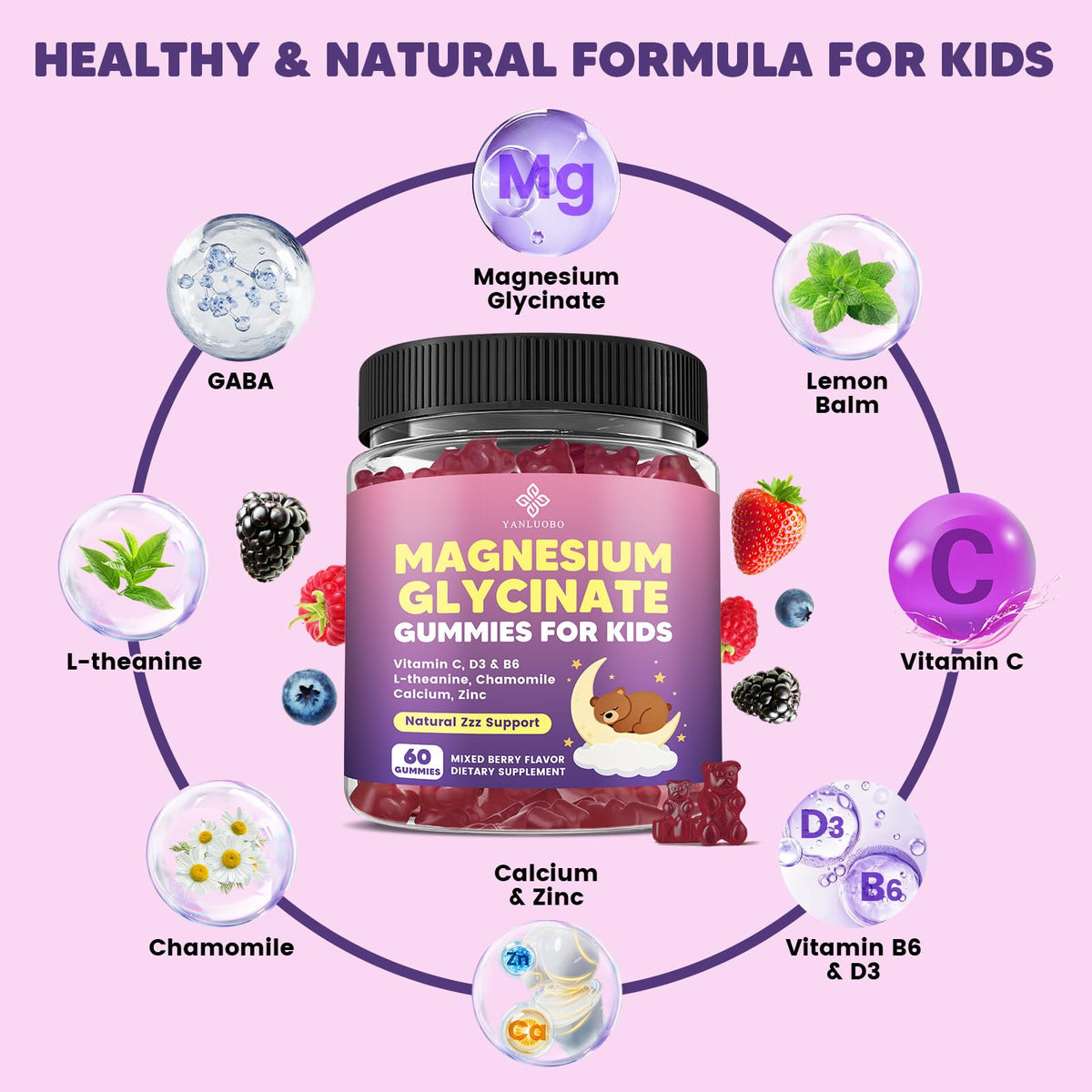 Gummies de magnésium YANLUOBO sur une table avec des fruits