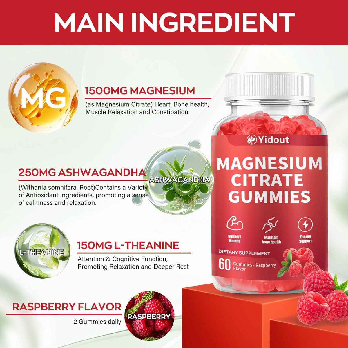 Gummies de magnésium Yidout sur une cuillère en bois