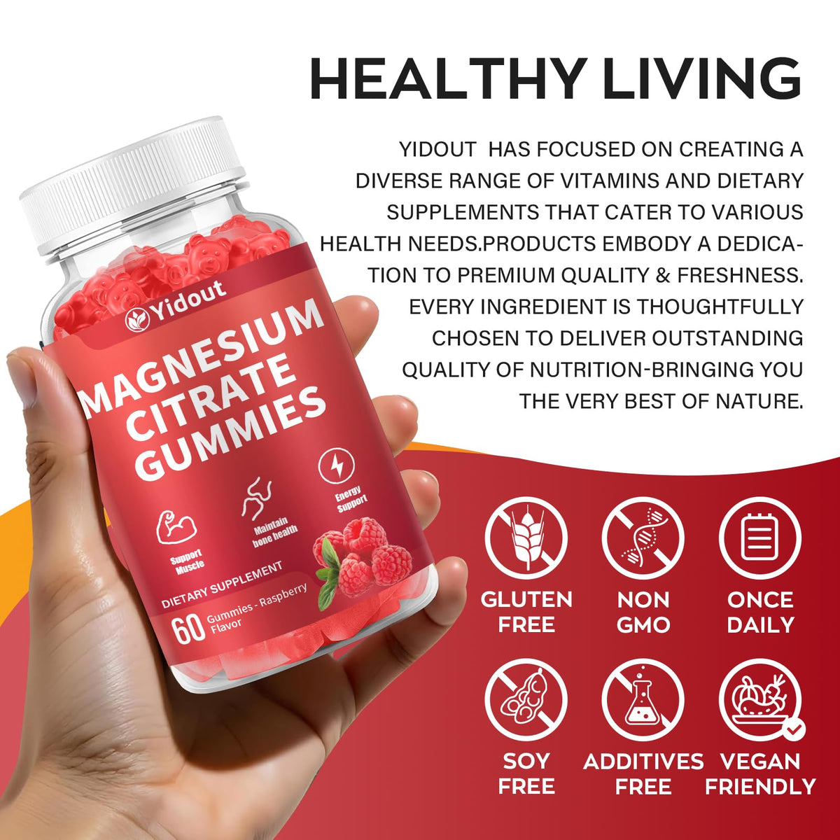 Gummies de magnésium Yidout sur une table avec fruits