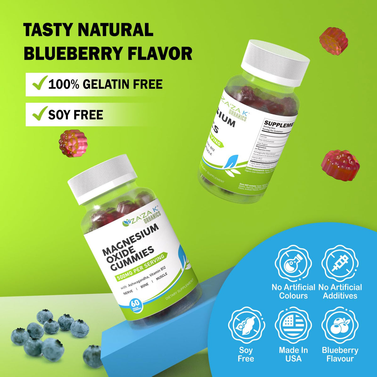 Gummies de magnésium ZA'ZA K ORGANICS, à côté d'un livre
