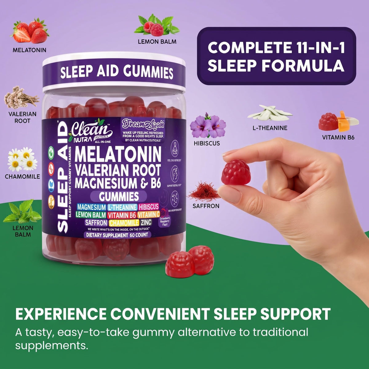 Gummies de Mélatonine 10mg Clean Nutraceuticals présentés sur une table