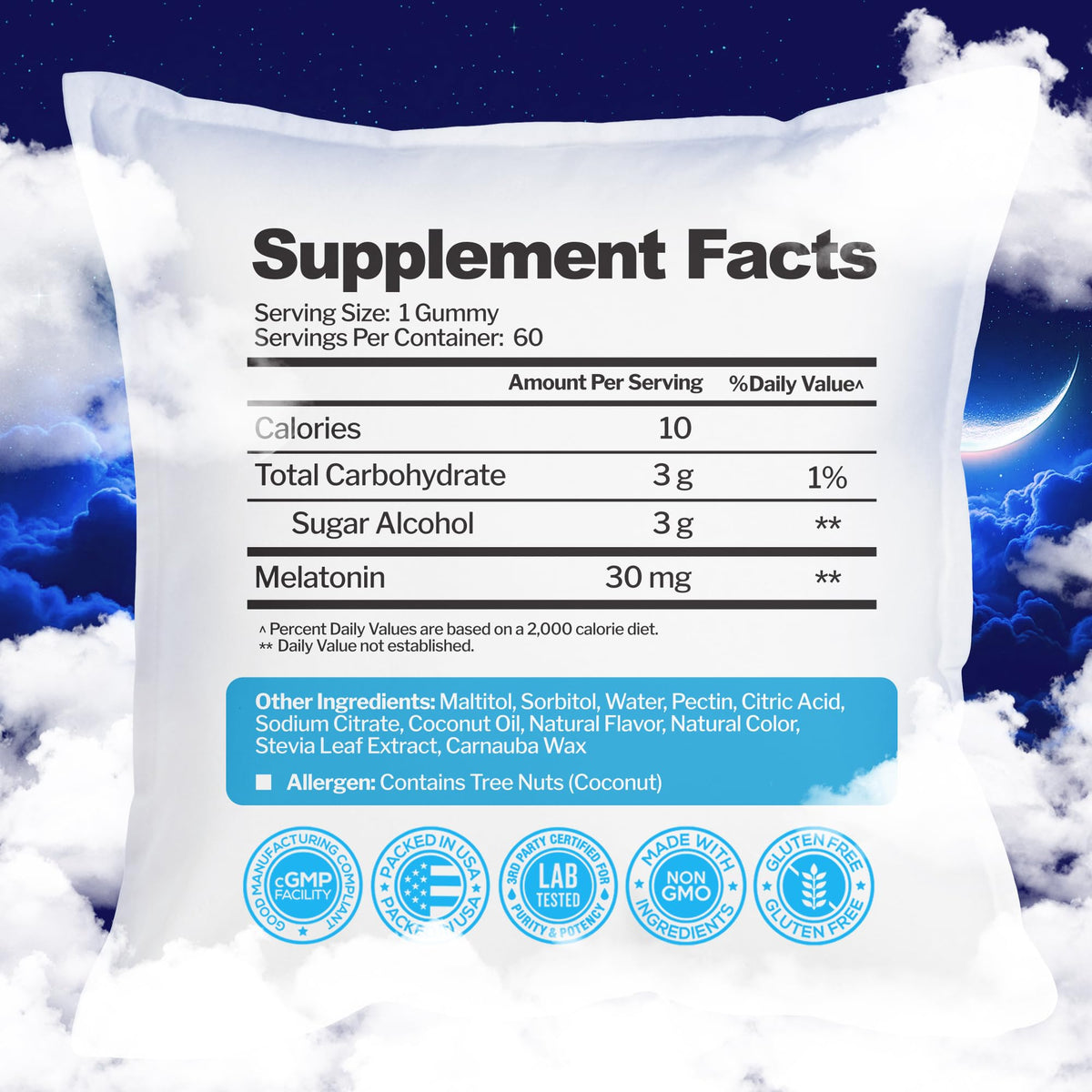 Gummies de mélatonine Just Nutrients 30mg, étiquette de la bouteille