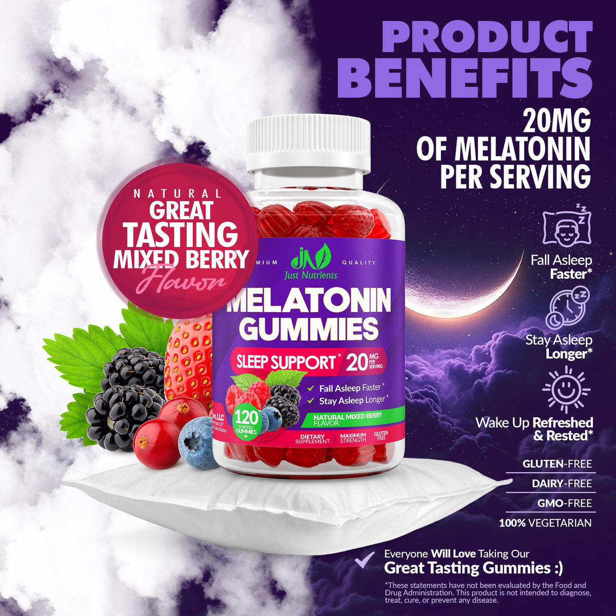 Gummies de mélatonine Just Nutrients avec une main pour montrer la taille