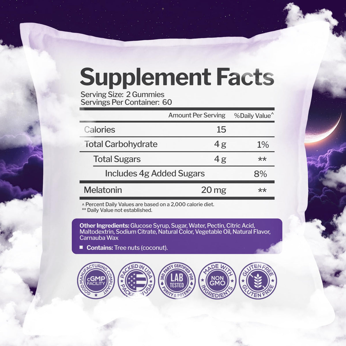 Gummies de mélatonine Just Nutrients sur une table