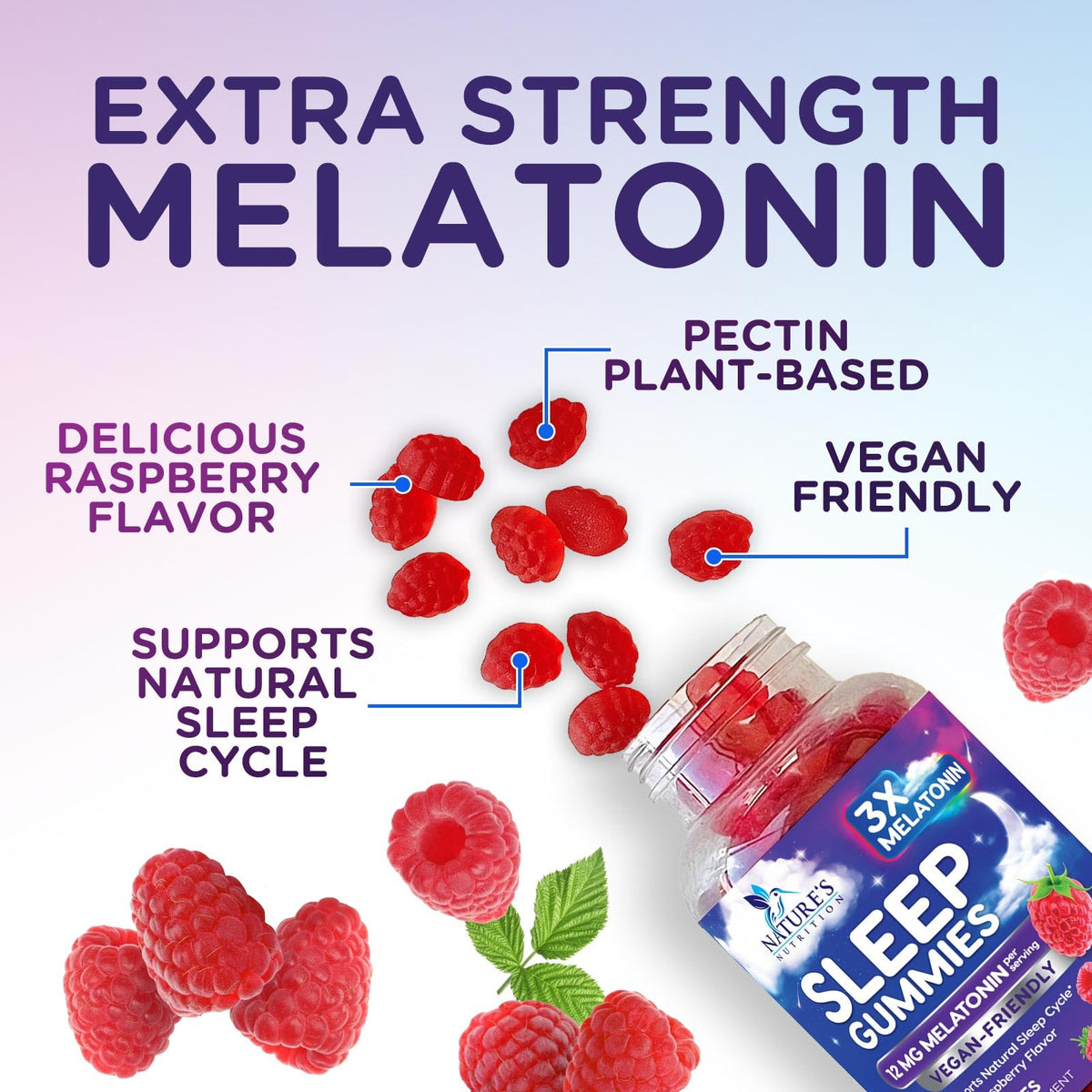 Gummies de Mélatonine Nature's Nutrition sur un fond blanc