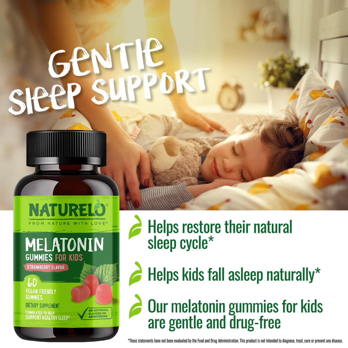 Gummies de mélatonine NATURELO, pot ouvert avec gummies visibles