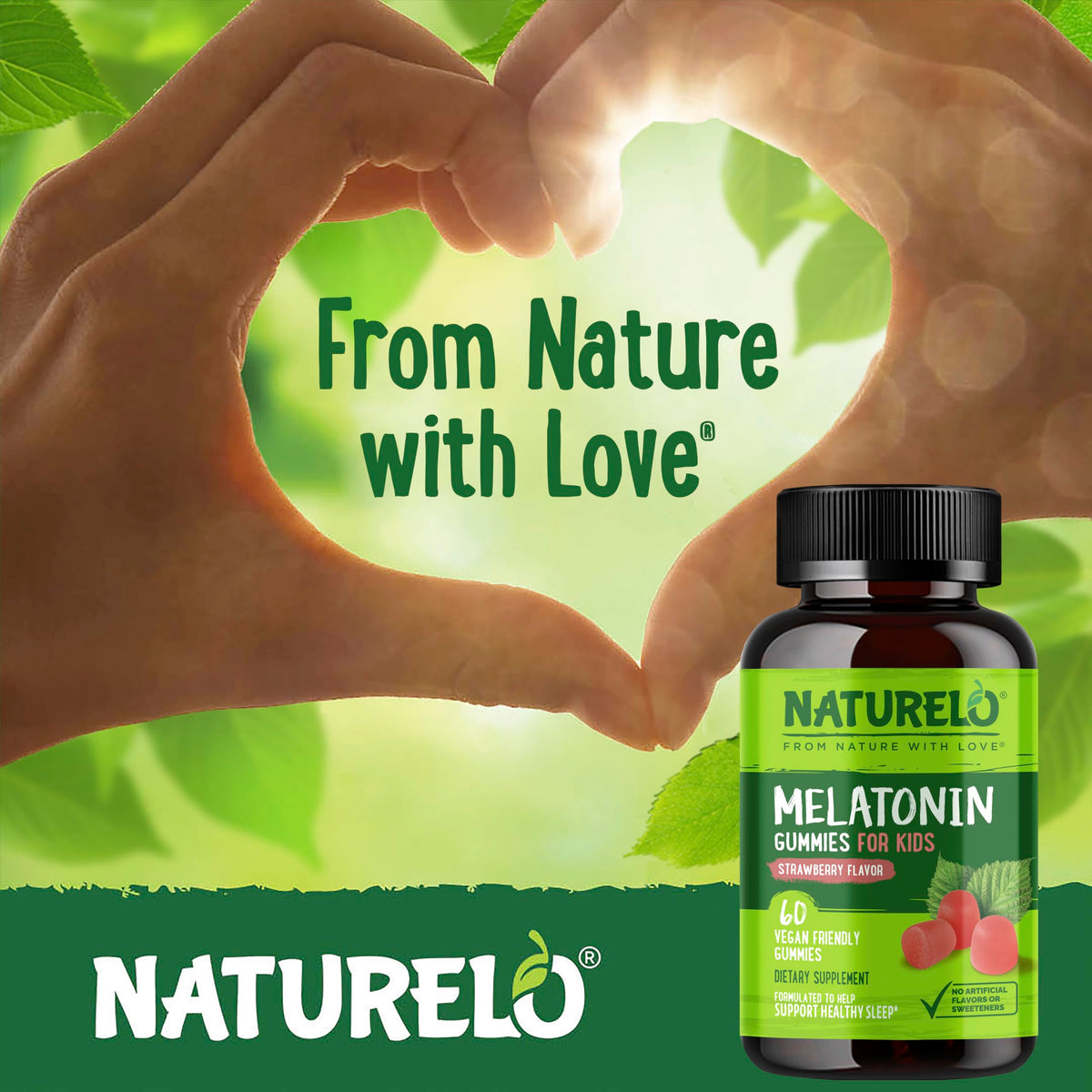 Gummies de mélatonine NATURELO, présentation avec fraises