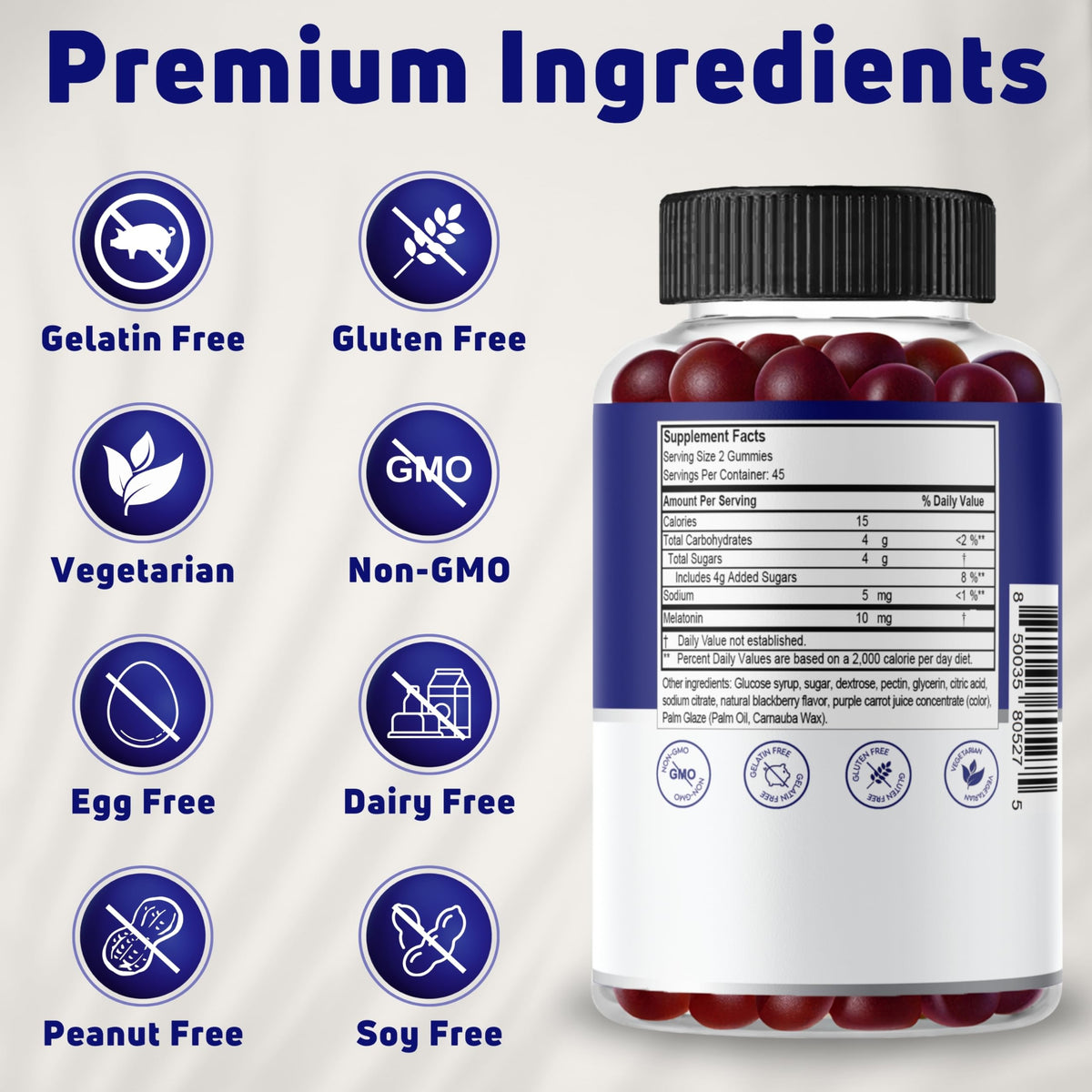 Gummies de mélatonine NUELATION, ingrédients naturels sur l'emballage