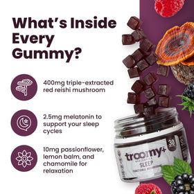 Gummies de mélatonine Troomy Nootropics sur une surface en bois avec fruits