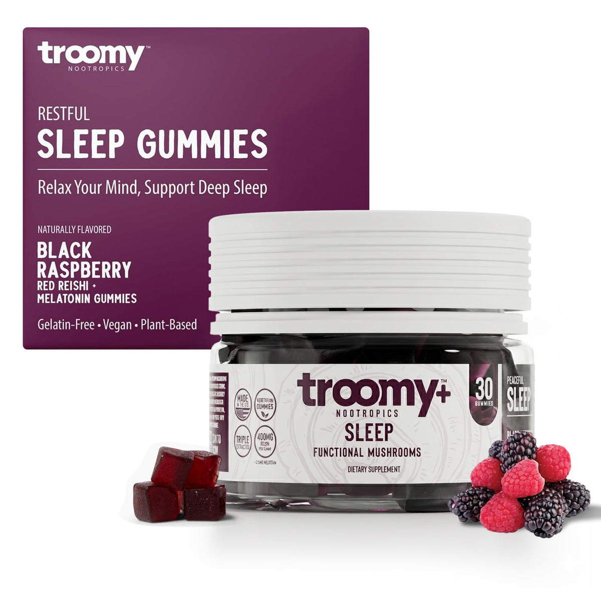 Gummies de mélatonine Troomy Nootropics vue avant avec emballage noir framboise