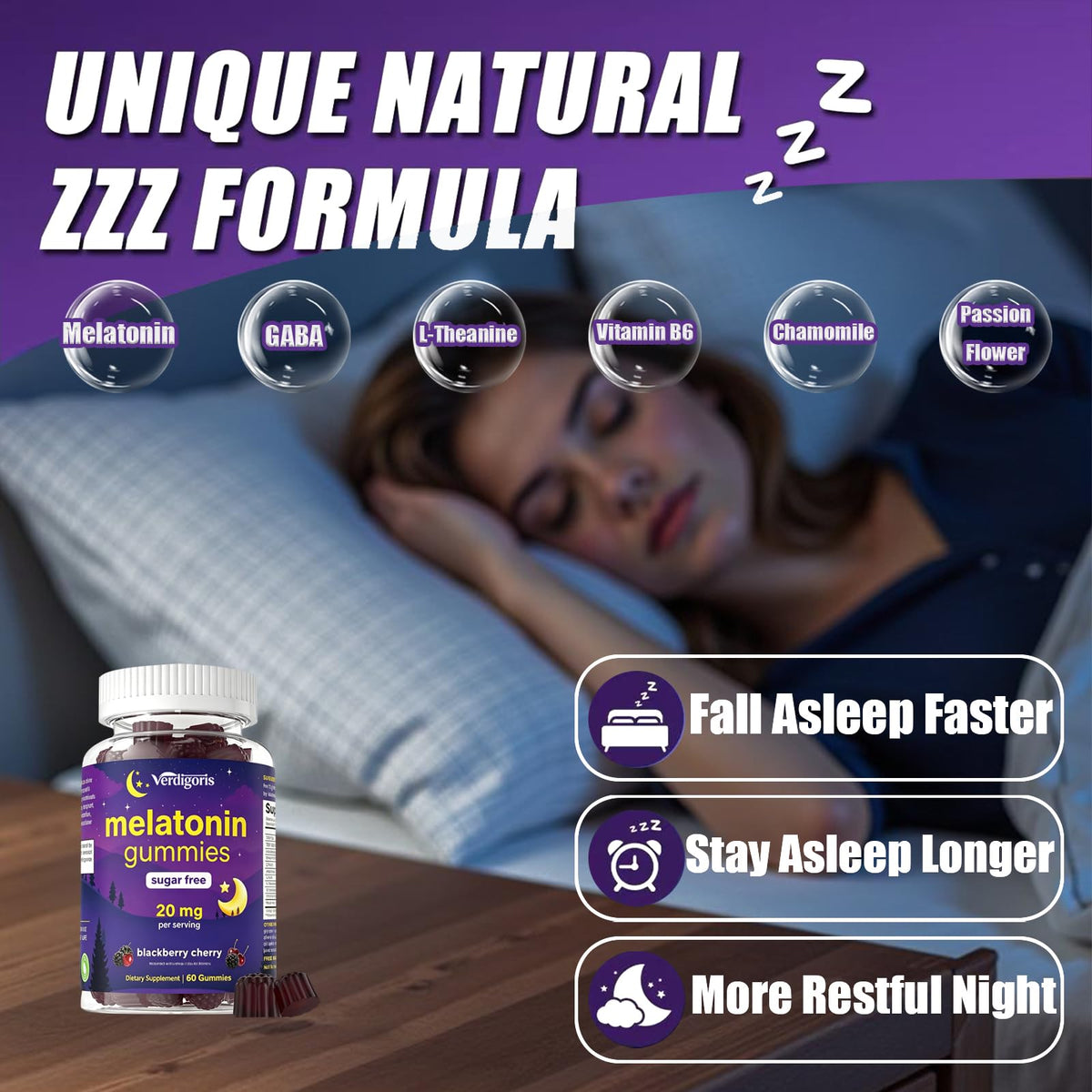 Gummies de mélatonine Verdigoris 20mg, paquet arrière