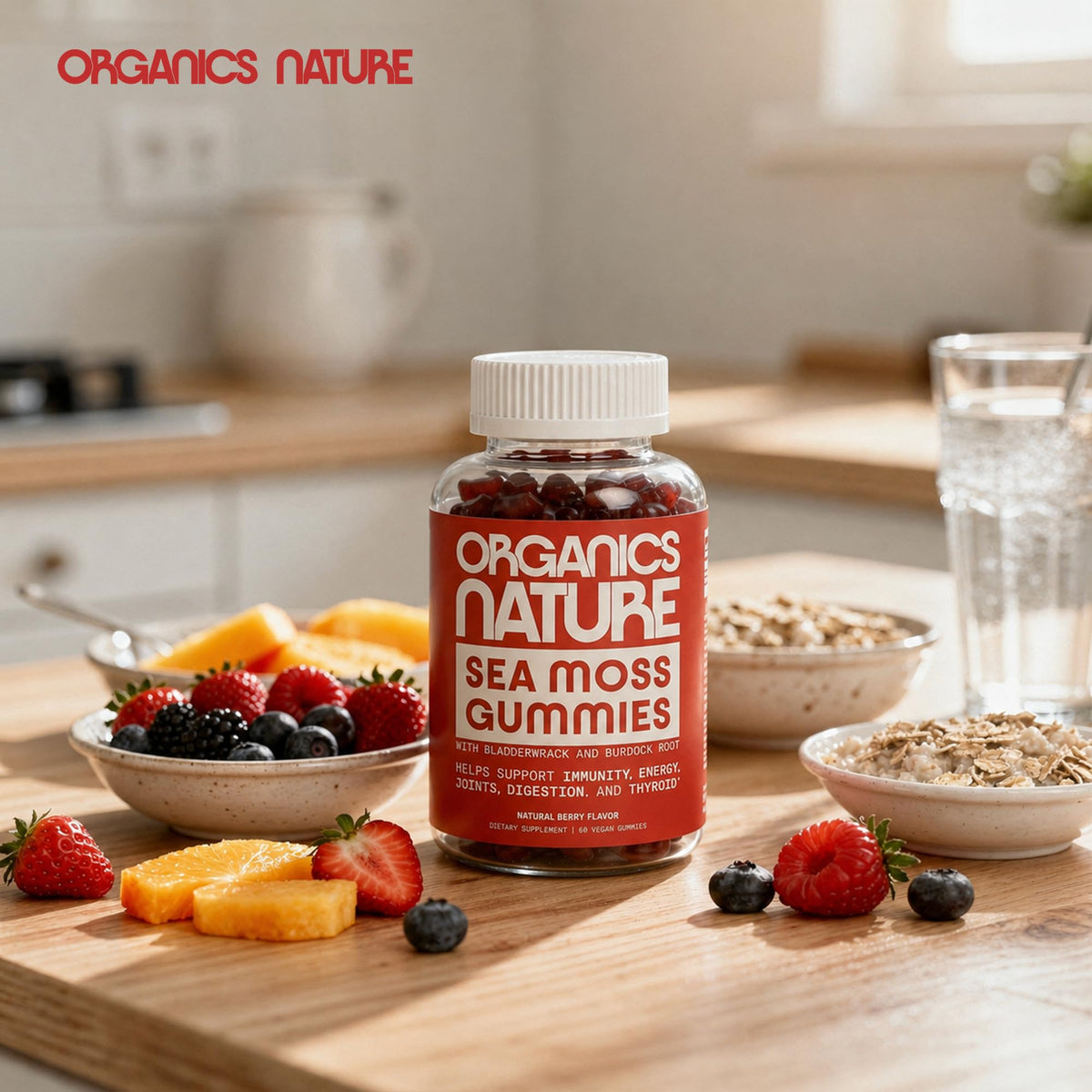 Gummies de Mousse d'Irlande ORGANICS NATURE avec fruits en arrière-plan