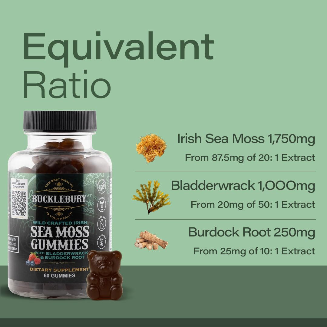 Gummies de mousse de mer BUCKLEBURY sur une table en bois