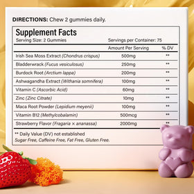 Gummies de Mousse de Mer FitVitality avec fraises fraîches en arrière-plan