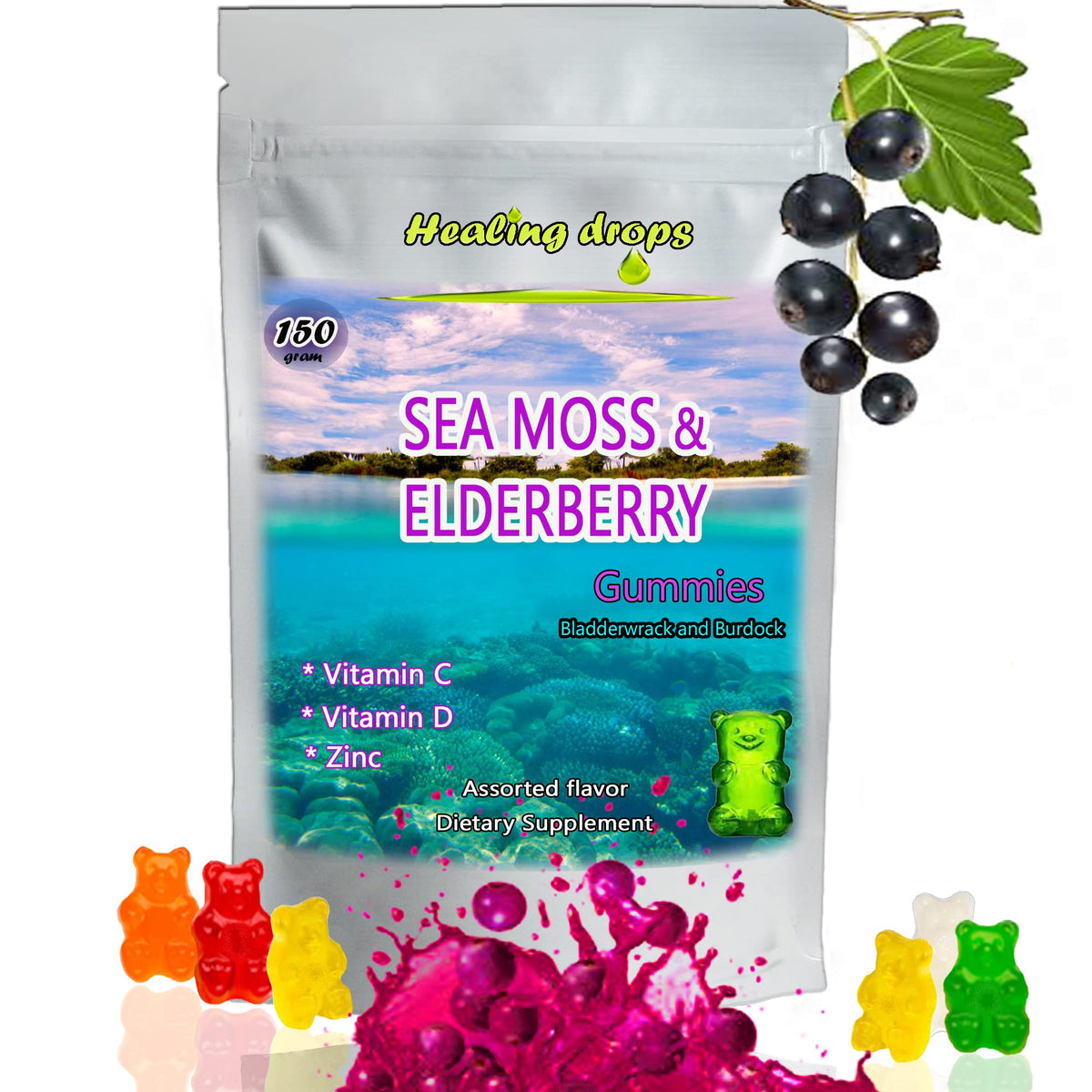 Gummies de Mousse de Mer Irlandais HEALING DROPS, à côté de fruits