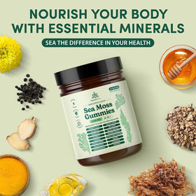 Gummies de Mousse de Mer Natural Rems sur une table avec des ingrédients naturels