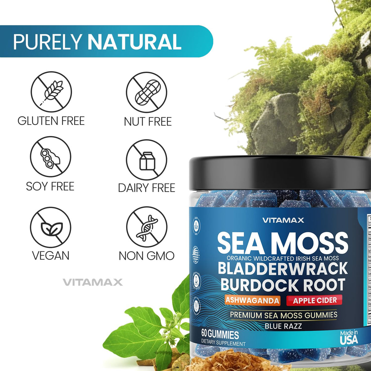 Gummies de mousse irlandaise Vitamax, avec des ingrédients naturels en arrière-plan
