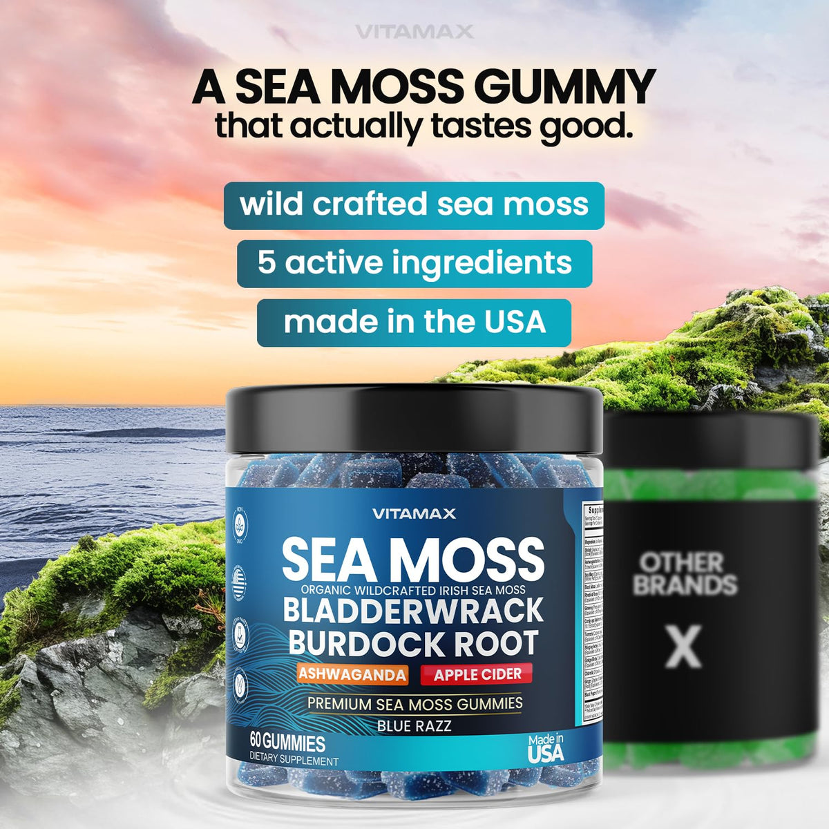 Gummies de mousse irlandaise Vitamax, pot sur une table en bois