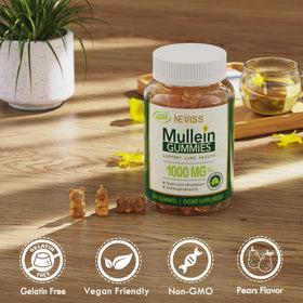 Gummies de Mullein Bio NEVISS avec fruits naturels en arrière-plan