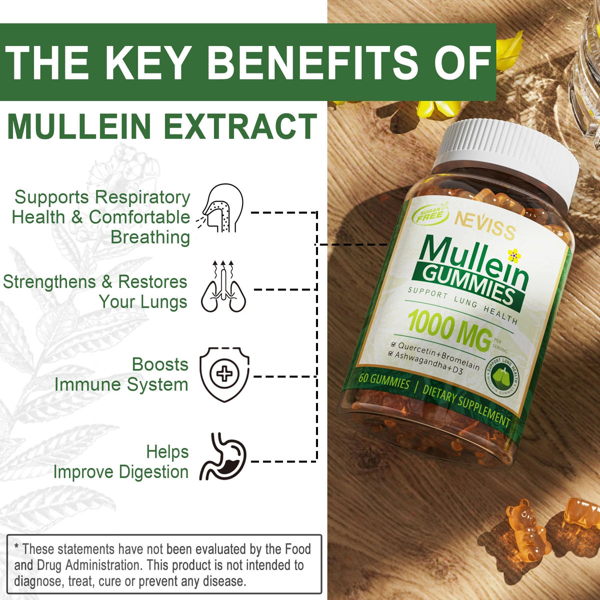 Gummies de Mullein Bio NEVISS, prise en main, format pratique