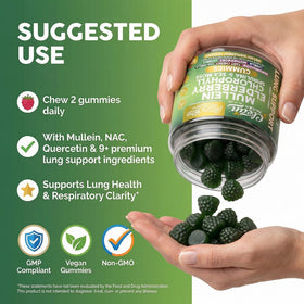 Gummies de Mullein sur une table, avec des ingrédients en arrière-plan