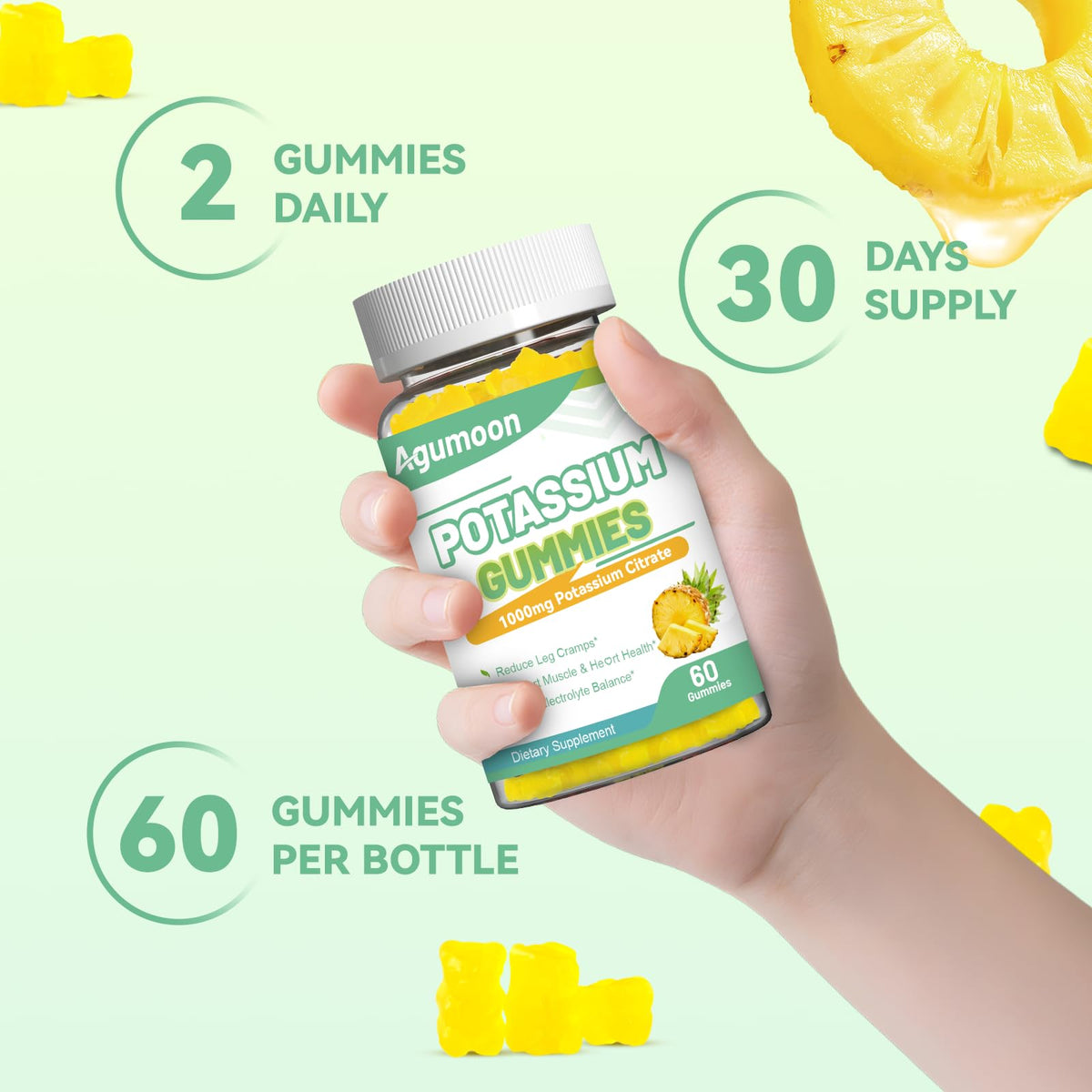 Gummies de potassium Agumoon 1000mg, ingrédients sur l'emballage