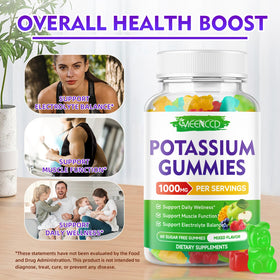Gummies de potassium avec étiquette et informations nutritionnelles.