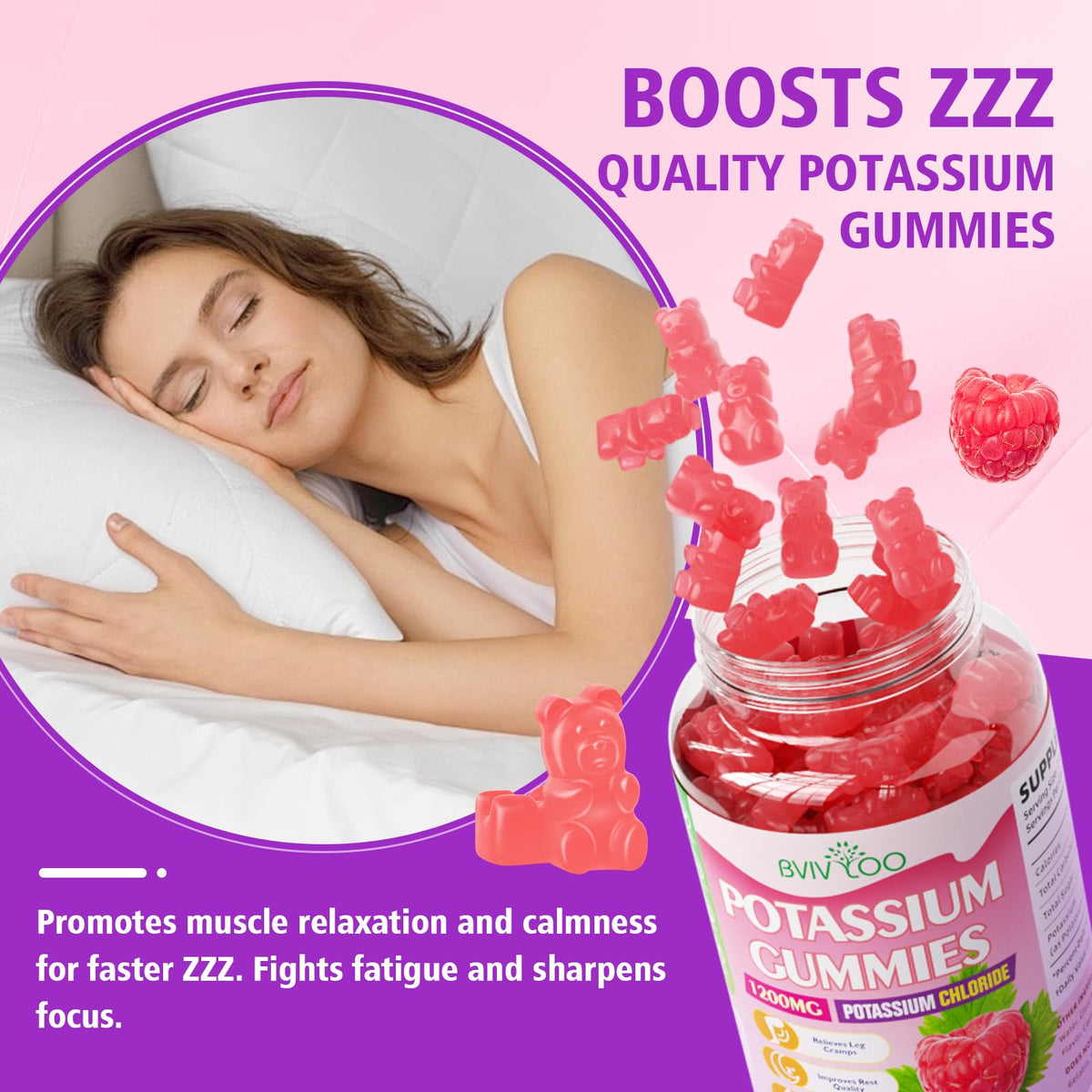 Gummies de potassium BVIVLOO 1200mg avec des fruits de framboise