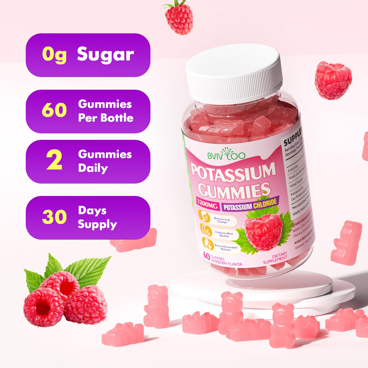 Gummies de potassium BVIVLOO 1200mg avec un verre d'eau