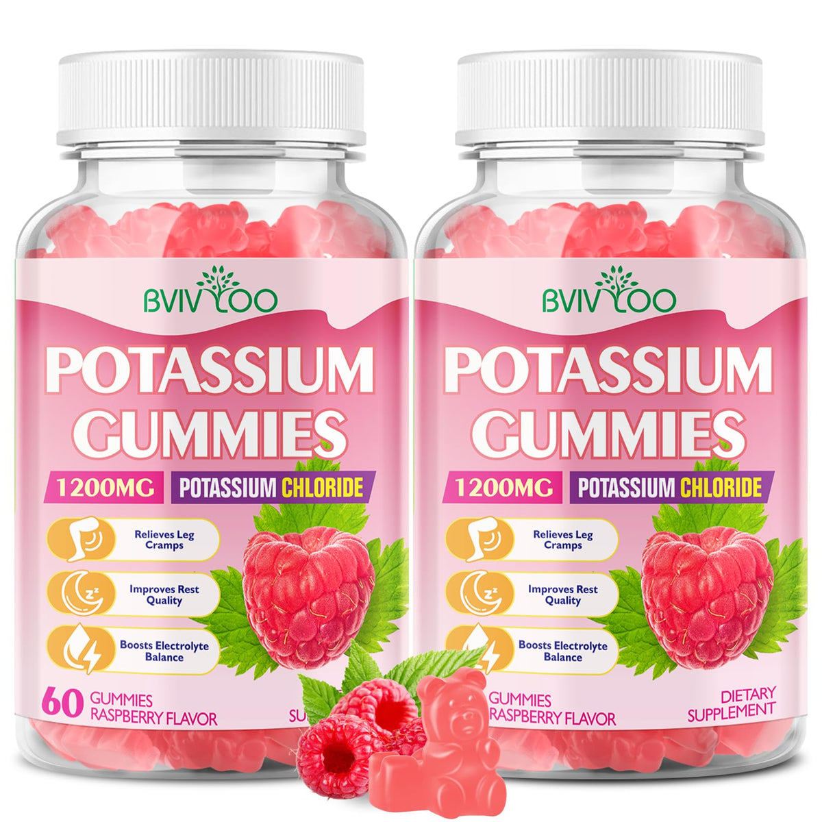 Gummies de potassium BVIVLOO 1200mg en pot avec étiquette framboise