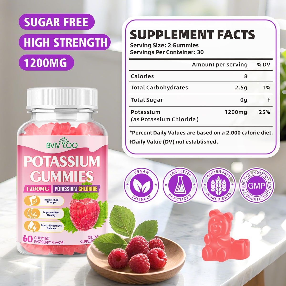 Gummies de potassium BVIVLOO 1200mg sur une surface en bois