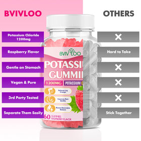 Gummies de potassium BVIVLOO 1200mg sur une table avec d'autres suppléments