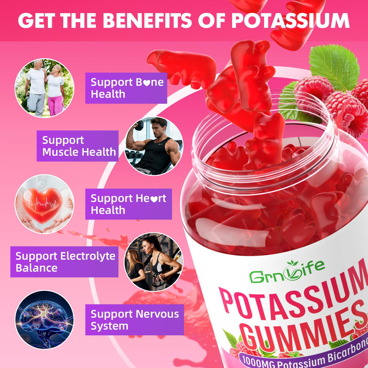 Gummies de potassium GrnLife, étiquette sur le pot