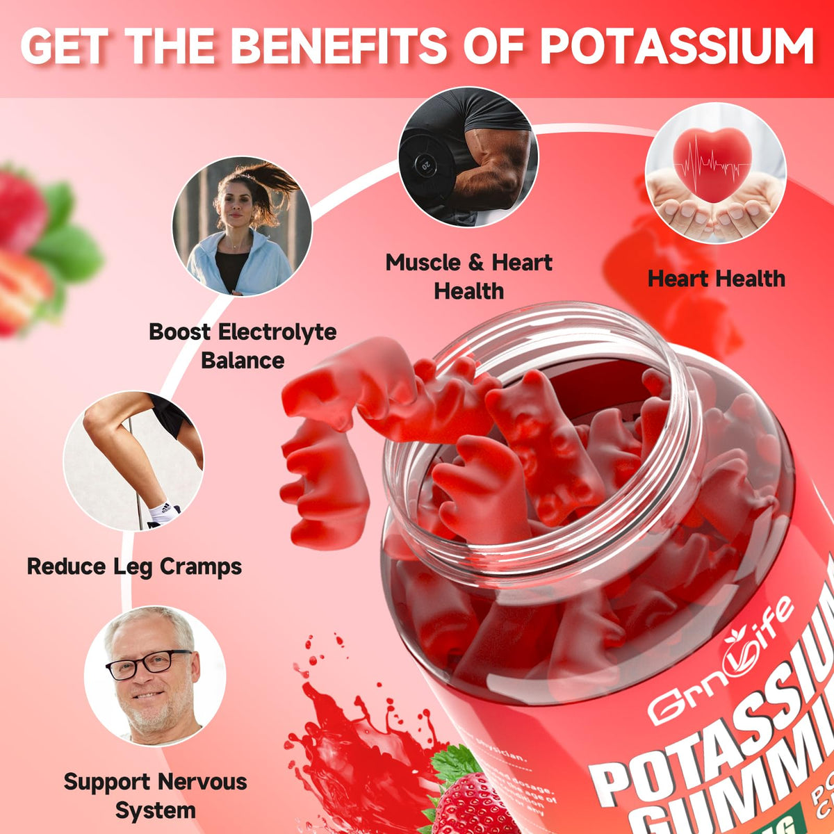 Gummies de Potassium GrnLife sur une table avec fruits