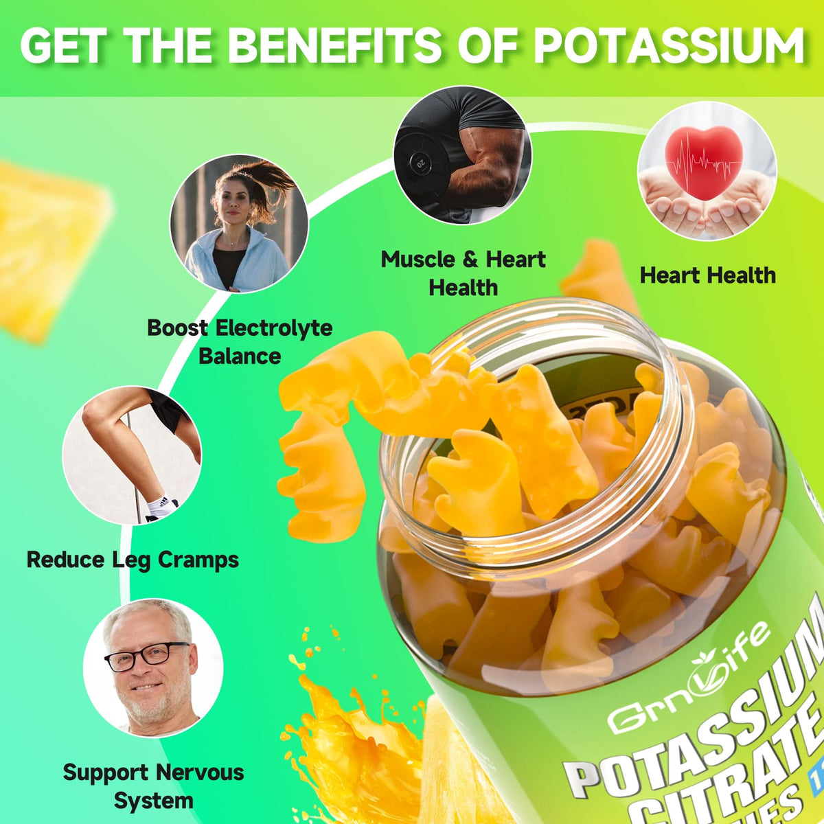 Gummies de potassium GrnLife sur une table en bois