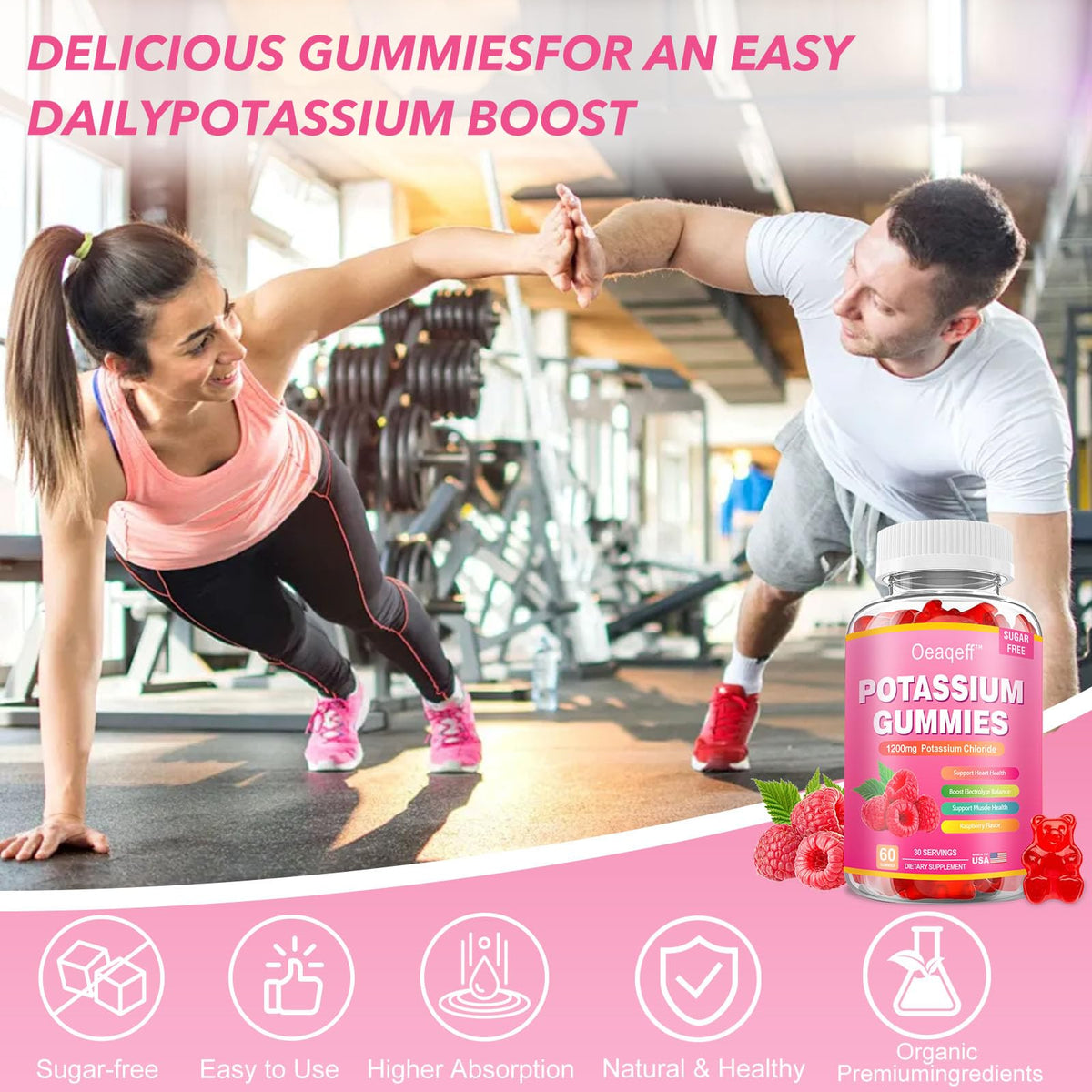 Gummies de Potassium Oeaqeff dans un environnement sportif avec accessoires de fitness