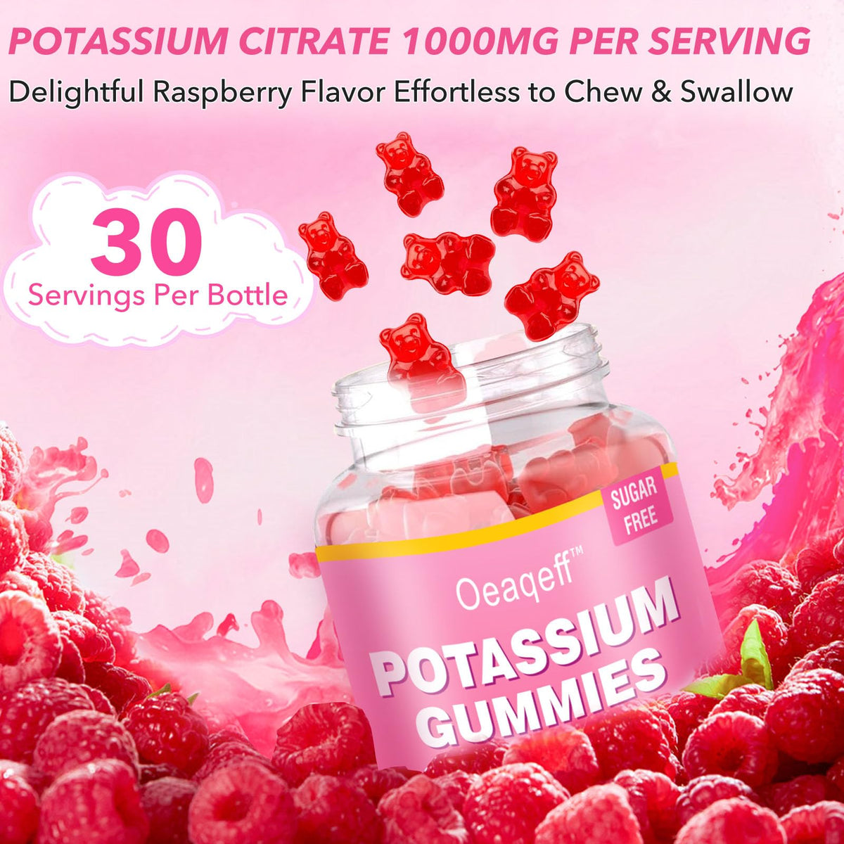 Gummies de Potassium Oeaqeff sur une table avec des fruits frais en arrière-plan
