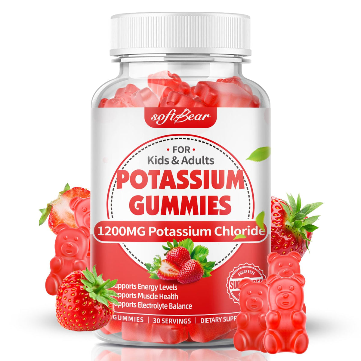 Gummies de potassium softbear 1200mg, saveur fraise, vue de face