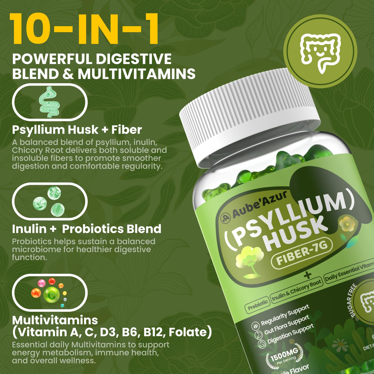 Gummies de Psyllium et Fibres Aube'Azur, présentation des gummies sur une table