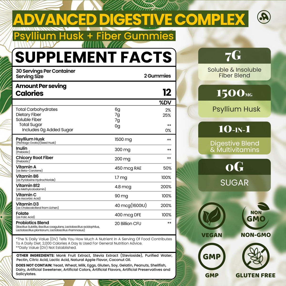 Gummies de Psyllium et Fibres Aube'Azur, vue arrière avec ingrédients