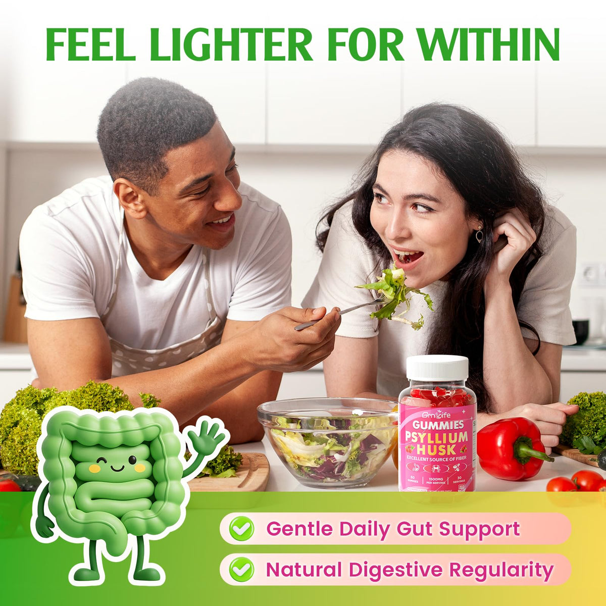 Gummies de psyllium GrnLife, bouteille ouverte montrant les gummies