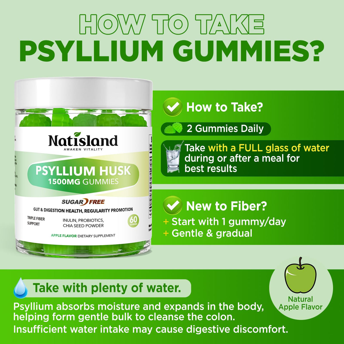 Gummies de psyllium NATISLAND 1500mg, ingrédients sur l'emballage
