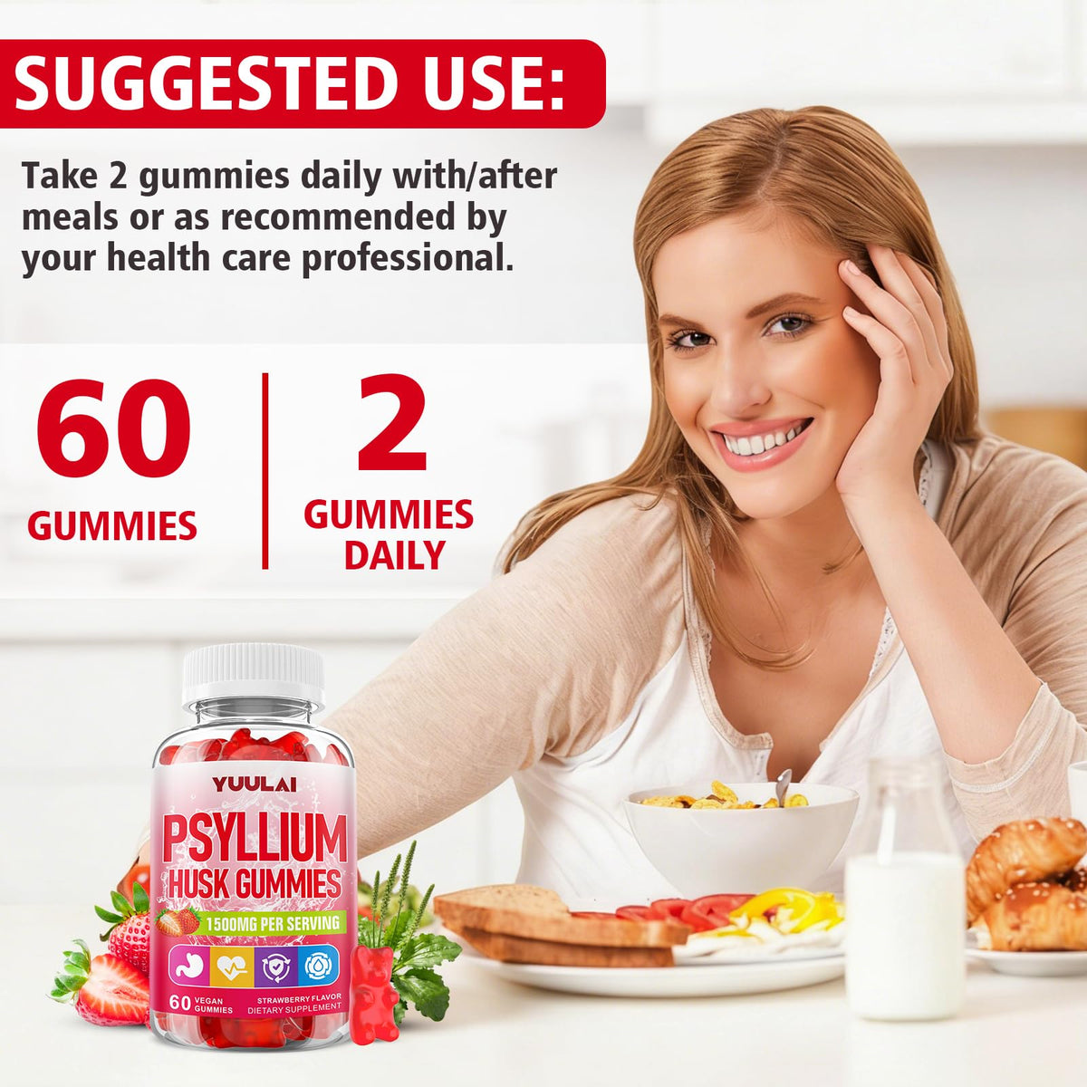 Gummies de psyllium YUULAI, ingrédients sur l'emballage