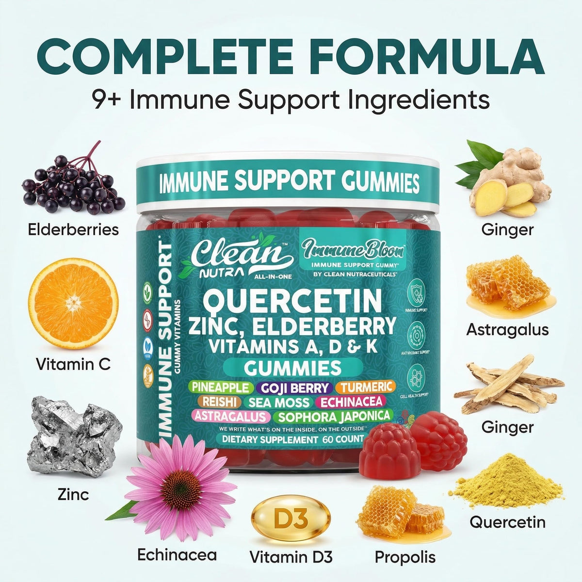 Gummies de quercétine et sureau Clean Nutraceuticals ouverte avec gummies visibles